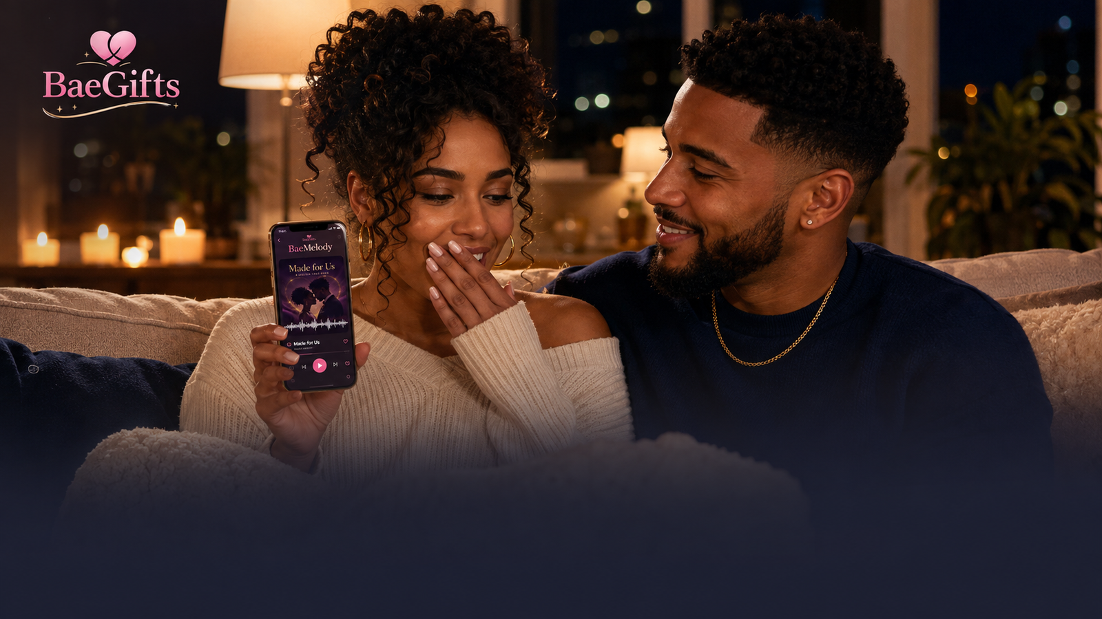Couple sharing a custom love song on their phone
