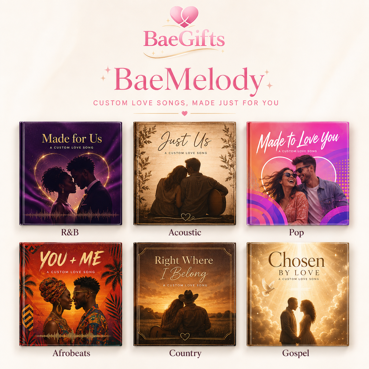 BaeMelody custom song styles: R&B, Acoustic, Pop, Afrobeats, Country, Gospel