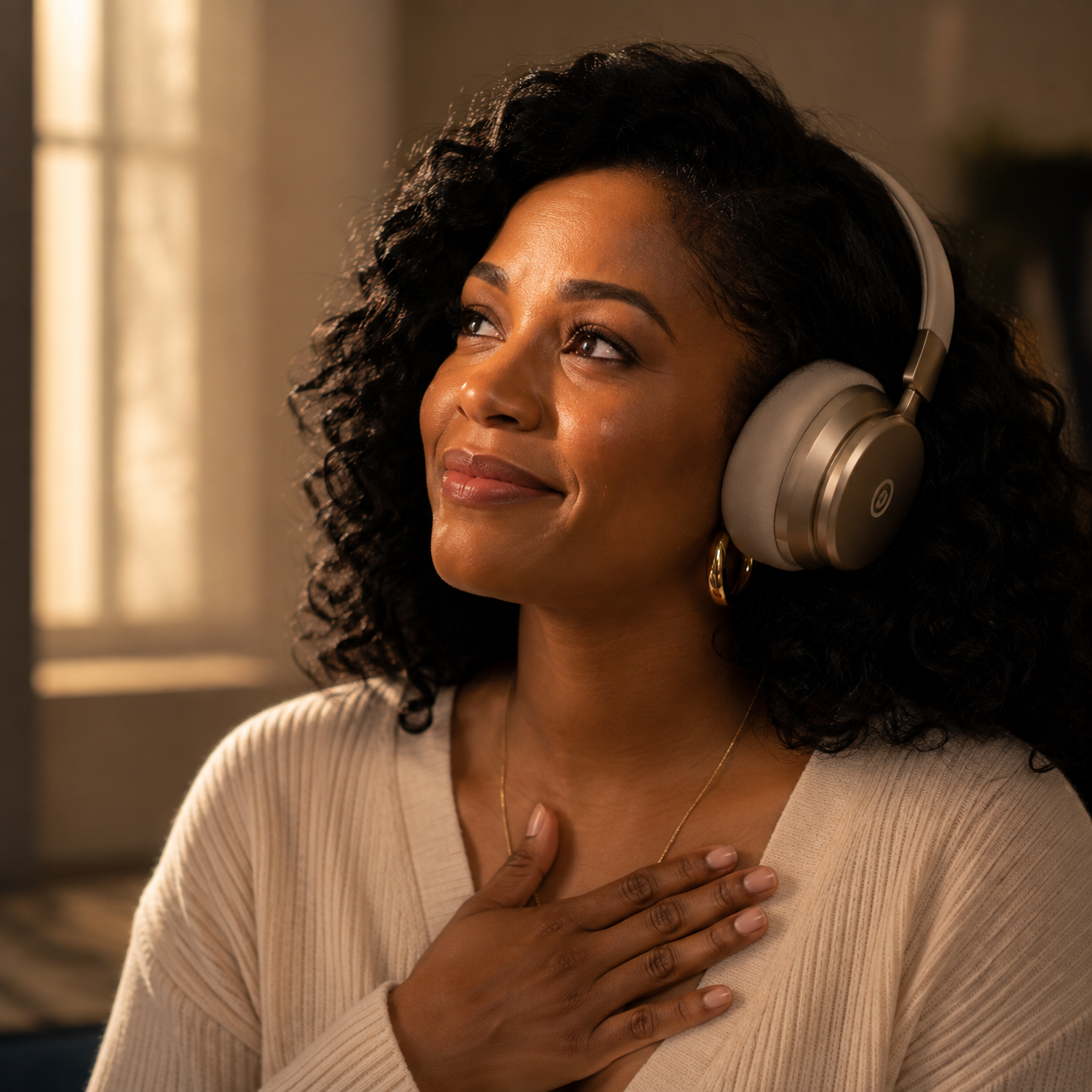 Woman listening to her custom love song with headphones