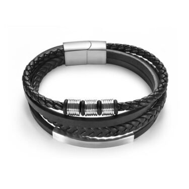 Braided Leather Bracelet for Him — Stainless Steel Magnetic Clasp