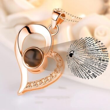I Love You in 100 Languages Projection Necklace — Rose Gold Heart