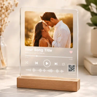 BaeMelody Personalized LED Song and Photo Plaque glowing on wooden LED base