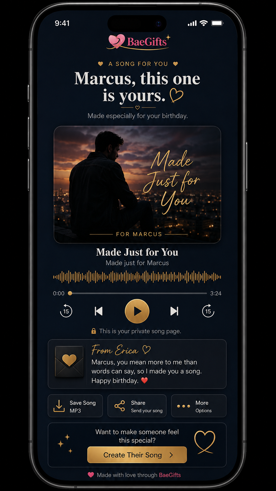 BaeMelody personalized song page on a phone — Premium Navy theme