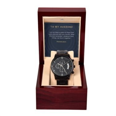 Every Second Counts — Men's Black Chronograph Watch with Your Message